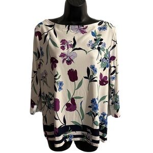 Ann Taylor Large blue floral 3/4 length sleeve boat neck shirt w stripes